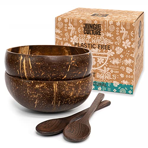 Jungle Culture® Set Di 2 Ciotole In Noce Di Cocco Con Cucchiai, 2 Cannucce Di Bambù • Ciotola De Legno Per Servire L'Insalata, Frullati Di Acai Pasta