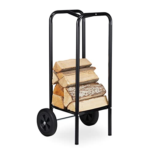 Relaxdays Carrello Per Legna, Da Trasposto, In Acciaio, Con 2 Ruote, Contenitore, Capacità Di Carico Fino A 50 Kg, Nero, 80% 20% Plastica, 1 Pz