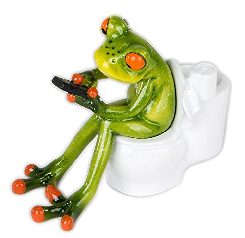 Rana Con Cellulare Su Toilette, Verde, Pietra Artificiale, Circa 13 Cm, Destra