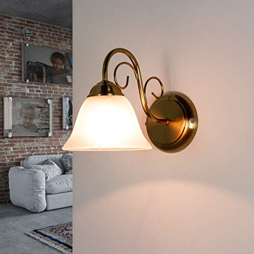 Licht-Erlebnisse Lampada Da Parete Interna Athen A Braccio In Ottone E Vetro Alabastro Stile Rustico Retrò E14 Ideale Per Camera Da Letto, Soggiorno E