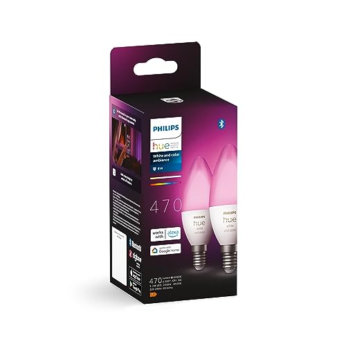 Philips Hue White And Color Ambiance Lampadina Smart Led, Attacco E14, Luce Bianca O Colorata, 4W, 2 Pezzi