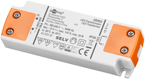 Goobay 30002 Trasformatore Led Da 230V A 12V - Trasformatore A Bassa Tensione Per Illuminazione Led - Carico Totale Fino A 20 W - 103 X 35,5 X 16 Mm
