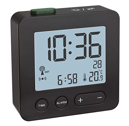 Tfa Dostmann Sveglia Digitale Radiocontrollata, 60.2545.01, Amazon Exclusive, Da Viaggio, Piccolo, Con Termometro Interno, Allarme, Nero