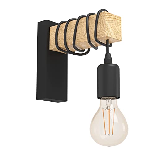 Eglo Lampada Da Parete Townshend, Plafoniera Vintage A Uno Punto Luce, Lampada Da Parete Dal Design Industrial, Lampada Retrò In Acciaio E Legno, Nero