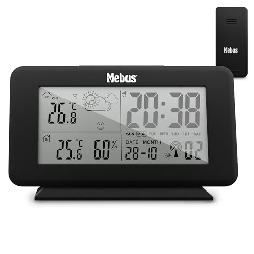 Mebus Digitale Funk Wetterstation Mit Außensensor, Thermometer Innen/Aussen, Temperatur, Batteriebetrieben, Wettervorhersage, Farbe: Schwarz, Modell: