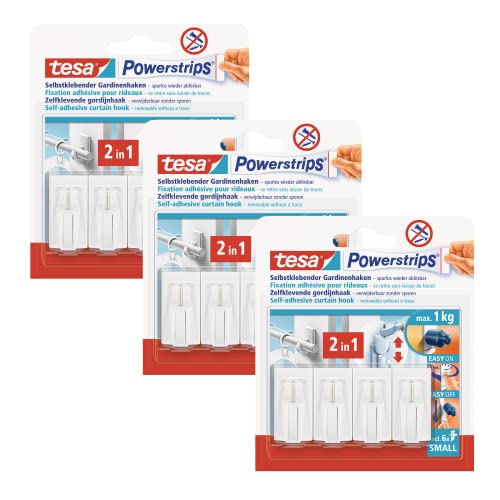 Tesa Powerstrips® - Ganci Per Tende Autoadesivi, Rimovibili E Riutilizzabili, Portata Fino A 1 Kg, 3 X 4 Pezzi, Colore: Bianco