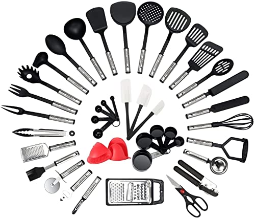 Nexgadget Set Di Utensili Da Cucina In Acciaio Inox E Nylon 42 Pezzi Incluso Cucchiaio Spatola Pinze Forcella Mestolo Apribottiglie Pelapatate Forbici