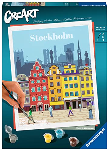 Ravensburger - Creart City:Stoccolma, Kit Per Dipingere Con I Numeri, Contiene Tavola Prestampata 24X30 Cm, Pennello, Colori E Accessori, Gioco Creati