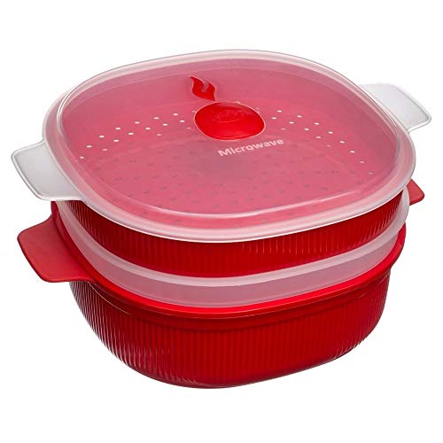 Snips | Vaporiera Per Microonde | Vaporiera Con 2 Vassoi | Contenitore Per Microonde | 4 Lt | Colore Rosso | Linea Tempozero | 26.5 X 22 X 13.5 Cm |Bp