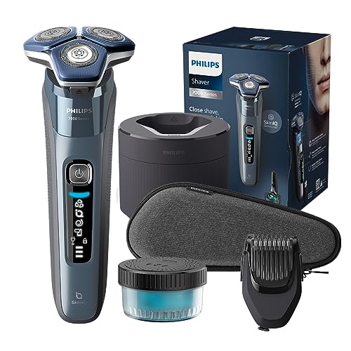 Philips S7000 - Rasoio Elettrico Wet & Dry In Blu Ghiaccio Con 1 Rifinitore A Scomparsa, Regolabarba, Custodia Da Viaggio, Quick Clean Pod E Supporto
