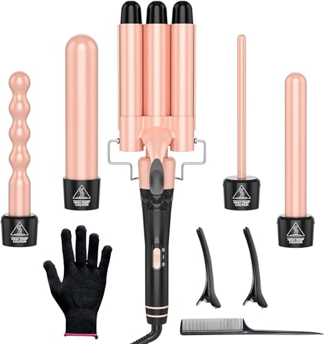 Obvhnua Ferro Arricciacapelli 5 In 1 Piastra Capelli Onde Beach Waves, Arricciacapelli 3 Tubi, Riscaldamento Rapido Ptc, 9-32 Mm 5 Intercambiabili Arr