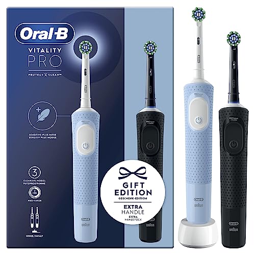 Oral-B Spazzolino Elettrico Ricaricabile Vitality Pro, 3 Modalità Di Spazzolamento, Batteria A Lunga Durata, 2 Testine E 2 Spazzolini, Nero E Blu, Ide