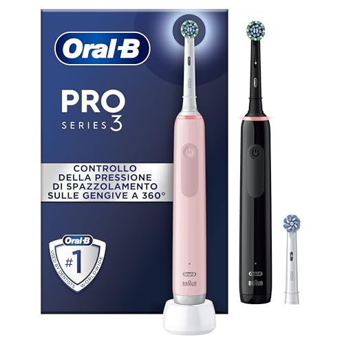 Oral-B Spazzolino Elettrico Ricaricabile Pro 3 3900N, Sensore Di Pressione Luminoso, Batteria A Lunga Durata, 3 Testine, 2 Spazzolini Elettrici, Nero