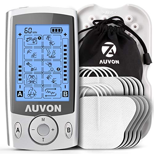 Auvon Elettrostimolatore Muscolare, Tens Ems Elettrostimolatore A Doppio Canale Con 20 Modalità E 10 Pezzi Di Elettrodi Tens Con Design Brevettato Per
