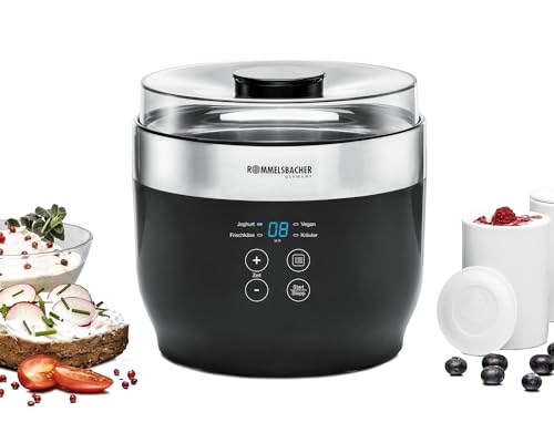 Rommelsbacher Jg 80 “Jona” - Macchina Per Yogurt E Formaggio Fresco 4 Bicchieri Da Porzione In Ceramica 125 Ml, 2 Contenitori In Vetro Xxl 1,2 L, 4 Pr