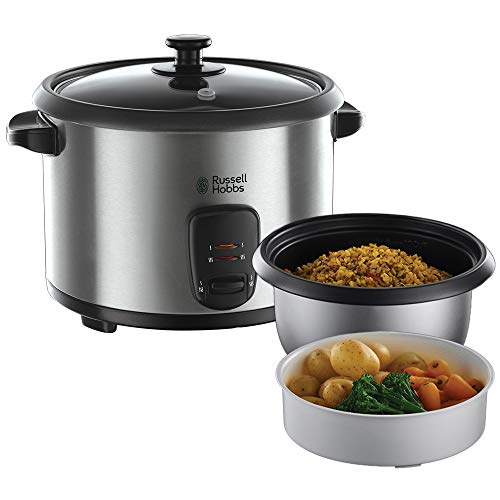 Russell Hobbs Cuociriso, Ciotola Antiaderente, 10 Tazze, 700 W, 1.8 Litri, Vassoio Pesce E Verdure, Spatola E Misurino Inclusi, Acciaio Inox, Cook At