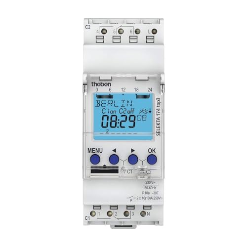 Theben Selekta 174 Top3 – Interruttore Orario Astronomico Digitale Settimanale A 2 Canali, Con Programmazione Da App, Perfetto Per Lampade Led (174013