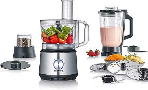 Severin 3892 Robot Da Cucina Multifunzione, Acciaio Inossidabile, 1200 Watt, Impasta, Grattuggia, Macina, Monta, Mescola, 5 Dischi