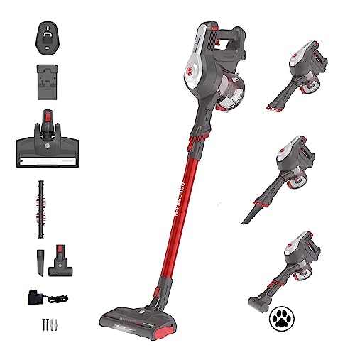 Hoover H-Free 100 Hf122Gpt 011 Aspirapolvere Elettrica Senza Fili, Senza Sacco, 170W, 0,9 L, Ciclonico, Mini Turbo Spazzola, Autonomia 40 Min, Rosso