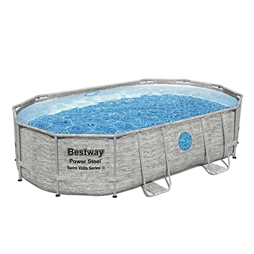 Bestway Power Steel Swim Vista Series Frame, Set Completo Con Impianto Di Filtraggio A Sabbia, 488 X 305 X 107 Cm, Effetto Pietra (Grigio Crema), Oval