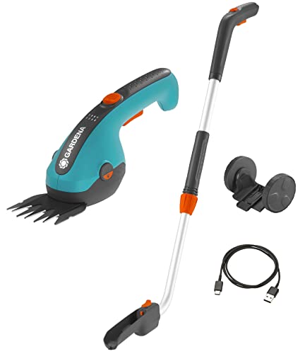 Gardena Set Forbici A Batteria Per Erba Classiccut Li: Larghezza Di Taglio 8 Cm, Manico Telescopico Con Ruote, Impugnatura Comoda Con Led Stato Di Car