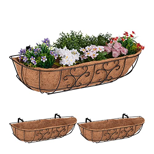 Relaxdays Set Di 3 Fioriere Da Balcone, Da Appendere, In Ferro E Fibra Di Cocco, Hbt 21 X 76 X 22 Cm, Marrone/Naturale