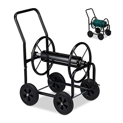 Relaxdays Carrello Avvolgitubo In Metallo, 4 Ruote In Gomma, Xl, Con Manovella, Per Tubi 60 M, Hlp 81 X 48 X 80 Cm, Nero