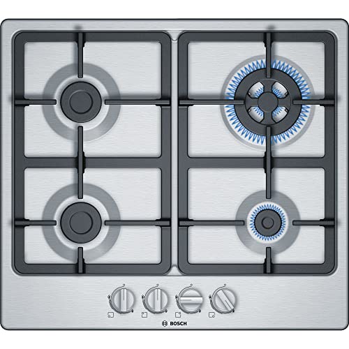 Bosch Pgh6B5B90 Serie 4, Piano Cottura A Gas, Bruciatore Wok: Potenza Fino A 3.3 Kw, Griglie In Ghisa, Acciaio, 60 Cm