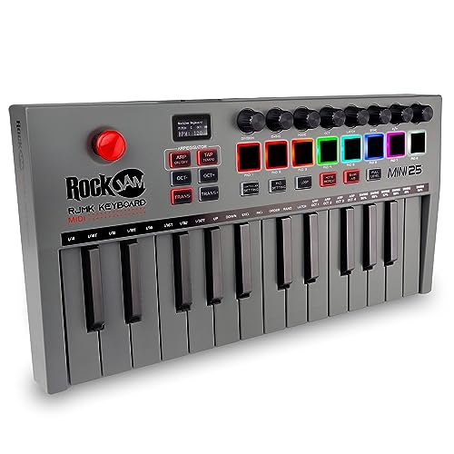 Rockjam Go 25 Key Usb & Bluetooth Midi Keyboard Controller Con 8 Drum Pad Retroilluminati, 8 Manopole