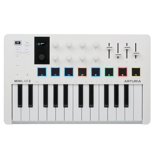 Arturia Minilab 3, 25 Controller Midi Slim-Key Usb-C, 8 Pad Led Retroilluminati, 8 Manopole, 4 Fader, Uscita Midi, Arpeggiatore Integrato, Modalità Ac