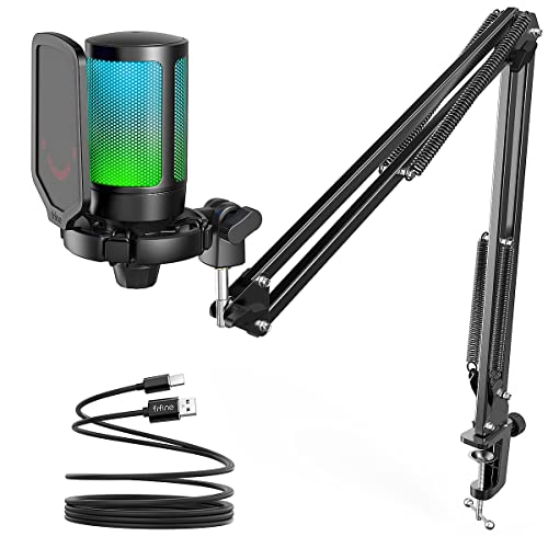 Fifine Usb Microfono Kit Per Pc Gaming Ps5, Rgb Microfono A Condensatore Da Tavolo Con Pulsante Di Silenziamento, Filtro Anti-Pop E Supporto Antiurto