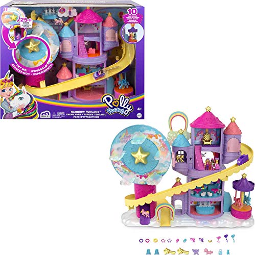 Polly Pocket- Playset Lunapark Dell'Arcobaleno Con 3 Giostre, 7 Aree Di Gioco, 2 Micro Bambola Polly E Shani, 2 Unicorni E 25 Sorprese, Giocattolo Per