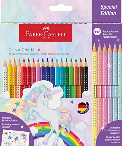Faber-Castell 201543 Set Di Pastelli Unicorno, 24 Pezzi, Infrangibili, Include 6 Matite Pastello Sparkle E Adesivi Unicorno