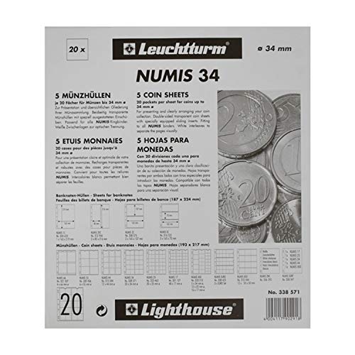Leuchtturm 338571 Manicotti Per Monete Numis 34-20 Scomparti Per Monete Fino A Ø 34 Mm - Monete Commemorative Da 2, 5 Euro, 10 Euro - Confezione Da 5