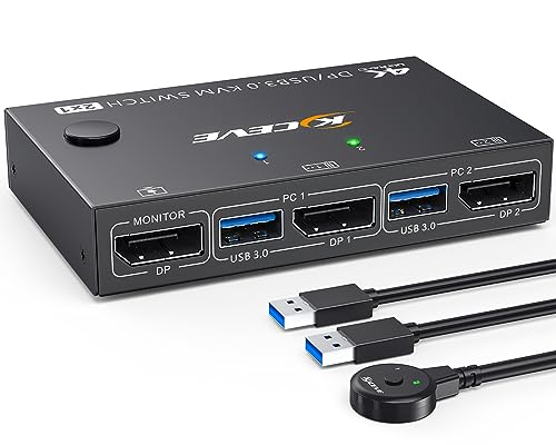 Switch Kvm Usb 3.0 Displayport 4K@144Hz, Kvm Switch 2 Pc 1 Monitor 8K@30Hz, Dp Kvm Switch 2 In 1 Out For 2 Pc Parti 4 Dispositivi Usb 3.0 Tastiera Mou