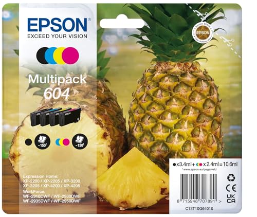 Epson 604 Serie Ananas - Cartucce Per Stampante Getto D'Inchiostro, Multipack 4 Colori (Nero, Ciano, Magenta, Giallo), Formato Std, Stampe Affidabili