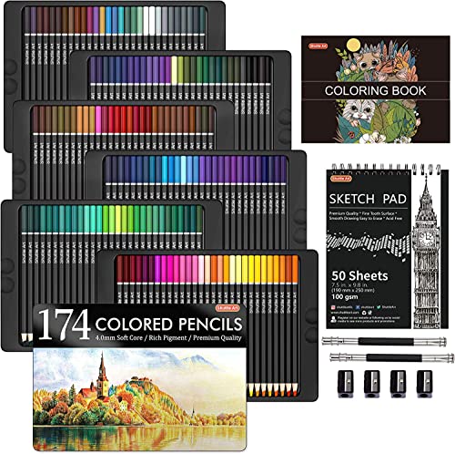 174 Matite Colorate Professionali, Shuttle Art Softcore Set, Colori Con Libro Da Colorare,1 Blocco Da Disegno,4 Temperini,2 Matite Estensori