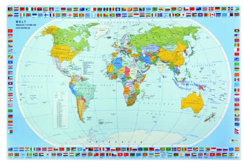 Veloflex 4671000 - Blocco Da Tavolo Con Mappa Del Mondo, 40 X 60 Cm, Antiscivolo, Cancellabile, Con Pellicola Protettiva Trasparente Antiriflesso, Blo