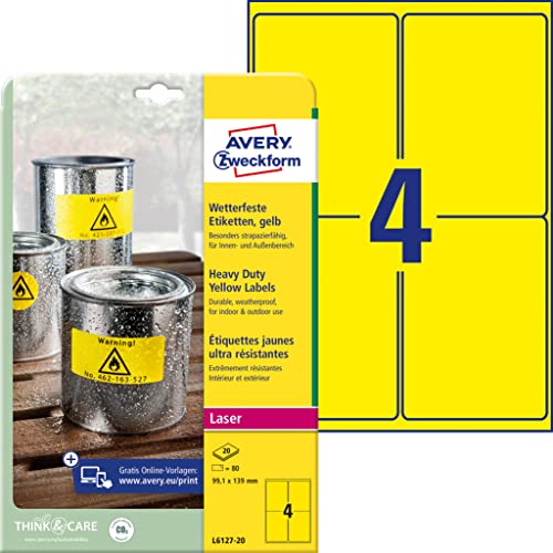 Avery Zweckform L6127-20 - Etichette Impermeabili, 33,1 X 139 Mm, 20 Fogli Per Un Totale Di 80 Targhette, Colore: Giallo