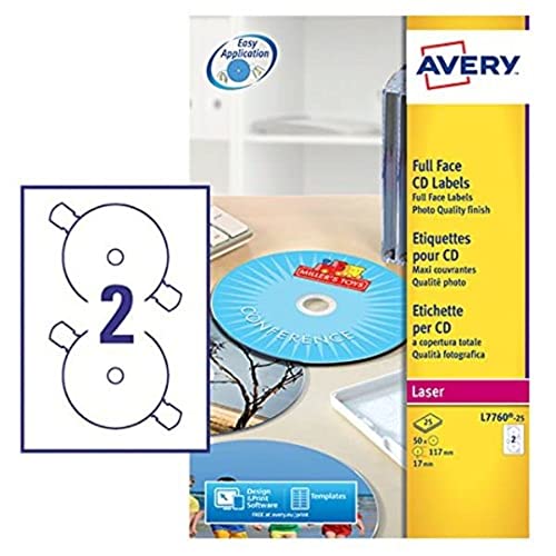 Avery L7676-100 Etichette Bianche Opache Per Cd, 117 Mm, A4, 200 Etichette / 100 Fogli