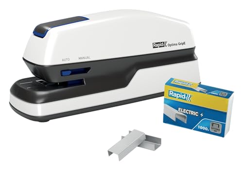 Rapid Optima Gripe Cucitrice Elettrica Contactless Automatica A Batterie O Con Alimentatore, Cuce Fino A 20 Fogli, Include 1000 Punti Metallici, Bianc