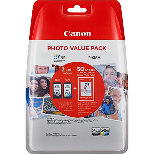 Canon Pg-545 Xl Cl-546 Xl Value Confezione Da 2 Cartucce D'Inchiostro (Nero Xl Colore Xl) +50 Fogli Di Carta Fotografica 10X15Cm Originale, Imballaggi