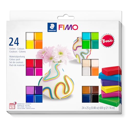 Staedtler Fimo Soft Ofenhärtende Modelliermasse, Kartonetui Mit 24 Sortierten Basic-Farben, 24 Halbblöcke À 25 G