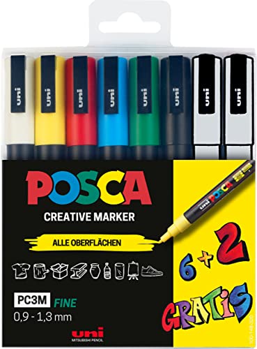 Faber-Castell Uni-Ball 186825 - Set Di Pennarelli Posca, Confezione Da 8 Penne Acriliche Pc-3M, 0,9 - 1,3 Mm, 6 Colori Standard + 2 Colori Speciali Al