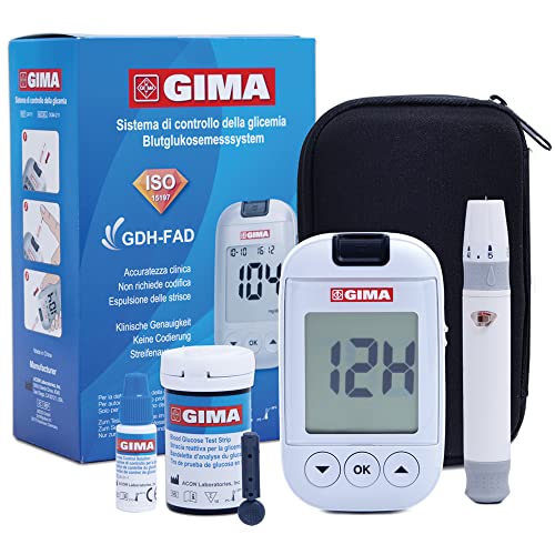Gima Misuratore Glicemia Glucometro Kit Completo Per Il Controllo E Il Monitoraggio Del Glucosio Nel Sangue Con 10 Strisce Soluzione Di Controllo 10 L