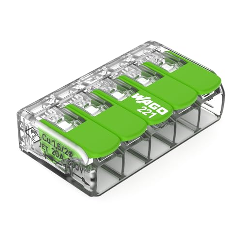 Wago Green Range 221-423 - Morsetto A 5 Conduttori, Fino A 4 Mm², Morsetti Di Collegamento A 5 Poli Con Leva, Per Tutti I Tipi Di Conduttori, 25 Pezzi