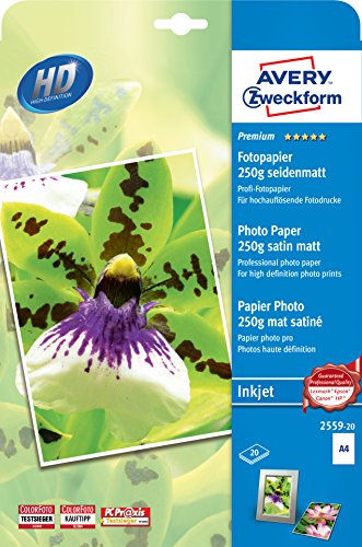 Avery Zweckform 2559-20 - Carta Fotografica Opaca Satinata Per Stampante A Getto D'Inchiostro, Formato A4, Grammatura: 250 G, Confezione Da 20 Fogli