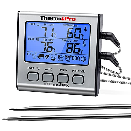 Thermopro Tp17 Termometro Cucina Digitale A Doppia Sonda Con Modalità Timer E Display Lcd Per Cottura Bbq Alimenti Carne Forno Arrosto Griglia