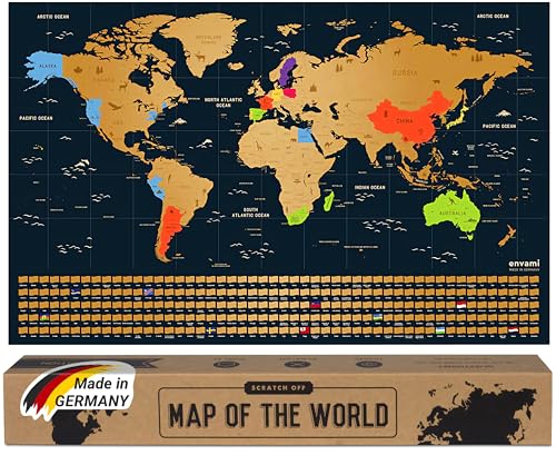 Envami® Mappa Del Mondo Da Grattare - 68 X 43 Cm - Idee Regalo - Mappamondo Da Grattare Con Bandiere - Scratch Off Map - Mappa Da Grattare - Cartina M