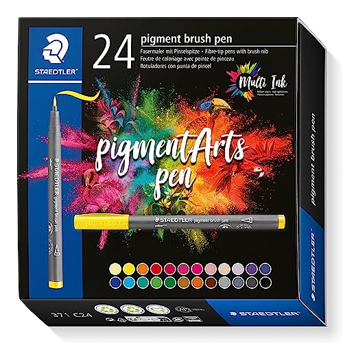 Staedtler 371 C24 Pigment Arts - Penna A Pennello, Colori Base Assortiti, Confezione Da 24